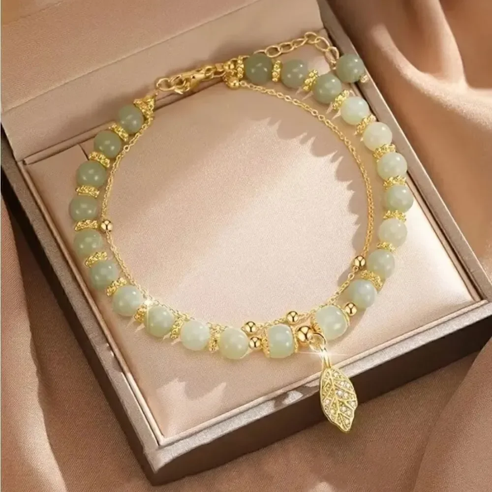 Double-Layer Green Jade Beaded Bracelet with Sparkling Golden Leaf Charm